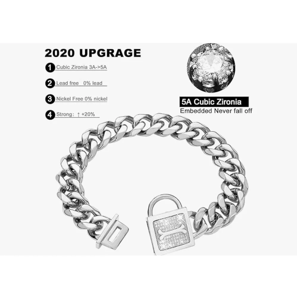Dog Collar with Zirconia Locking Hand Polished Stainless Steel Metal - 19MM, 12